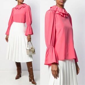 Tory Burch Ruffle Trim Silk Blouse Size 0 NWT Vivid Pink